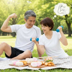 中高年がかまぼこでタンパク質を確保しているイメージ