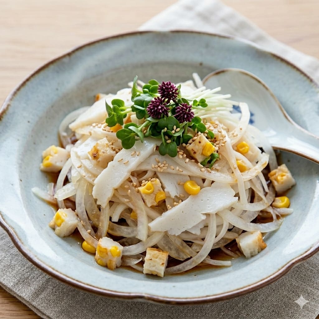 新玉ねぎとかまぼこのポン酢サラダの写真